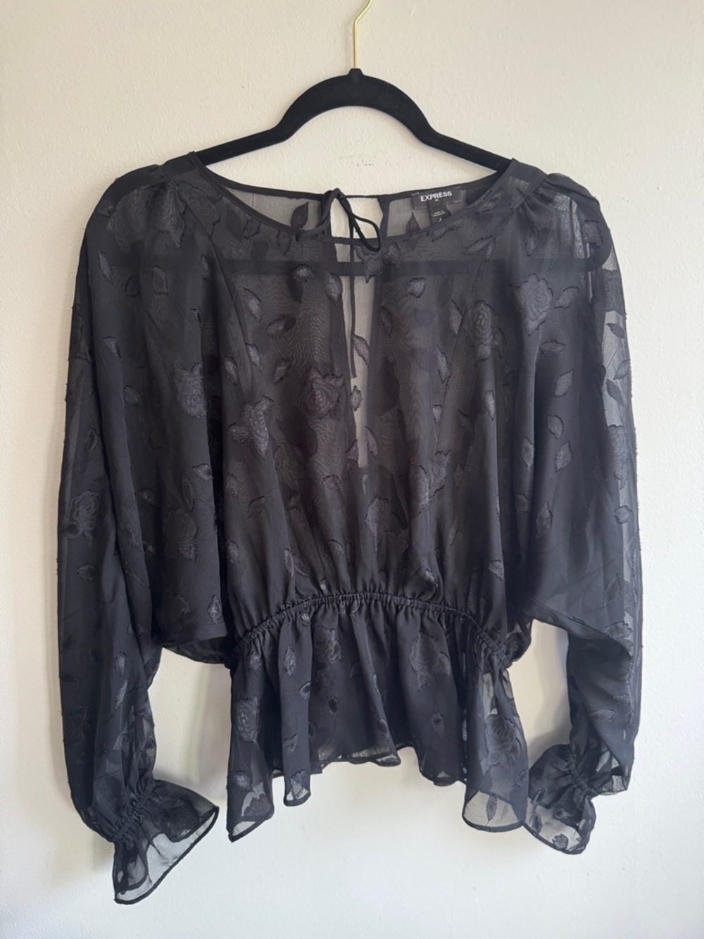 Express Black Sheer Floral Burnout Peplum Blouse